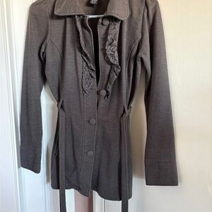 Self Esteem Ruffle-Trim Cardigan in Taupe